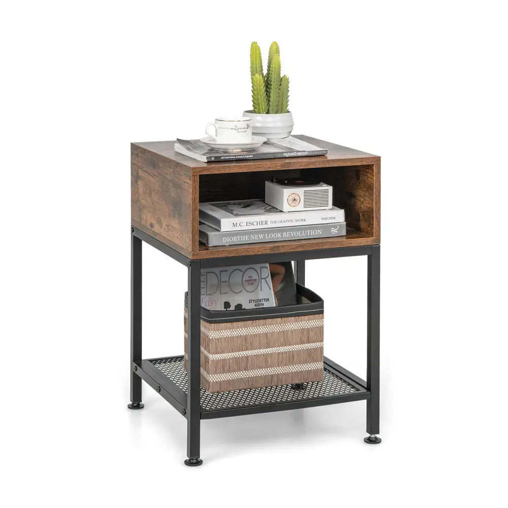 Industrial Nightstand End Side Table with Mesh Shelf - Nightstands