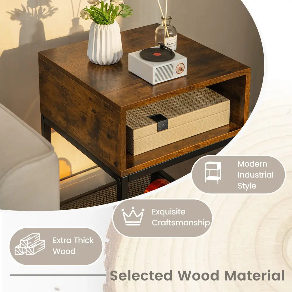 Industrial Nightstand End Side Table with Mesh Shelf - Nightstands