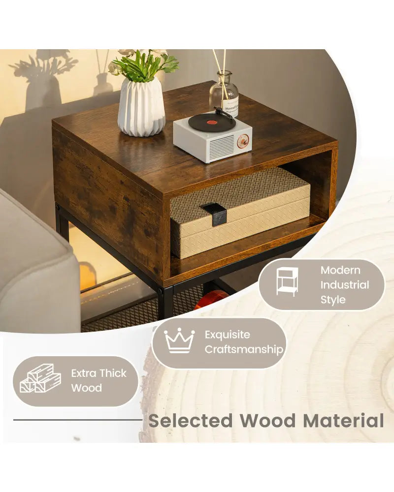 Industrial Nightstand End Side Table with Mesh Shelf - Nightstands