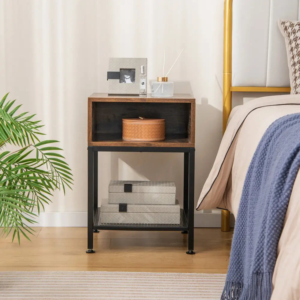 Industrial Nightstand End Side Table with Mesh Shelf - Nightstands