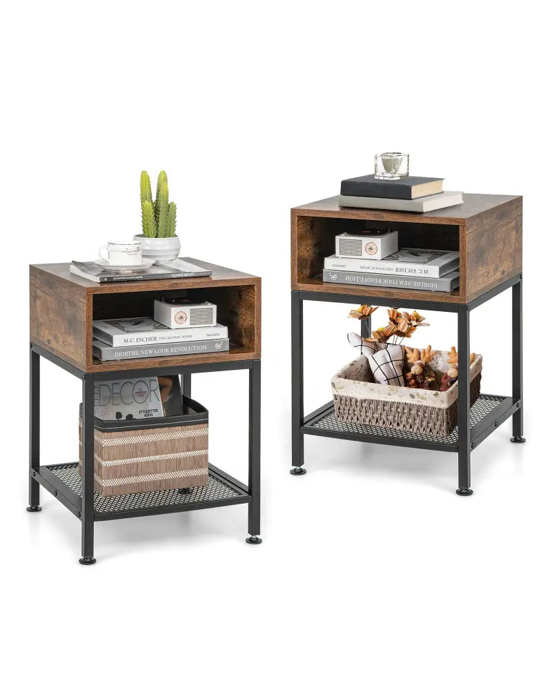 Industrial Nightstand End Side Table with Mesh Shelf - Nightstands