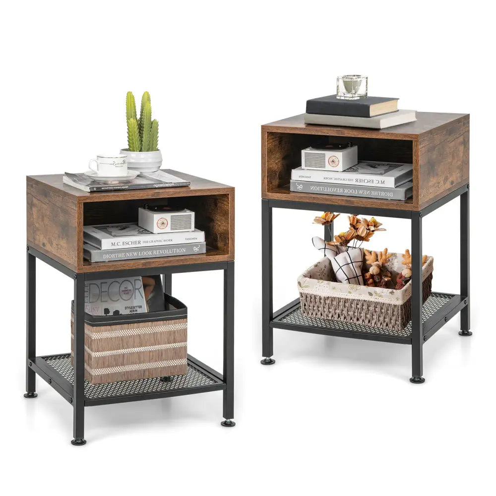 Industrial Nightstand End Side Table with Mesh Shelf - Nightstands