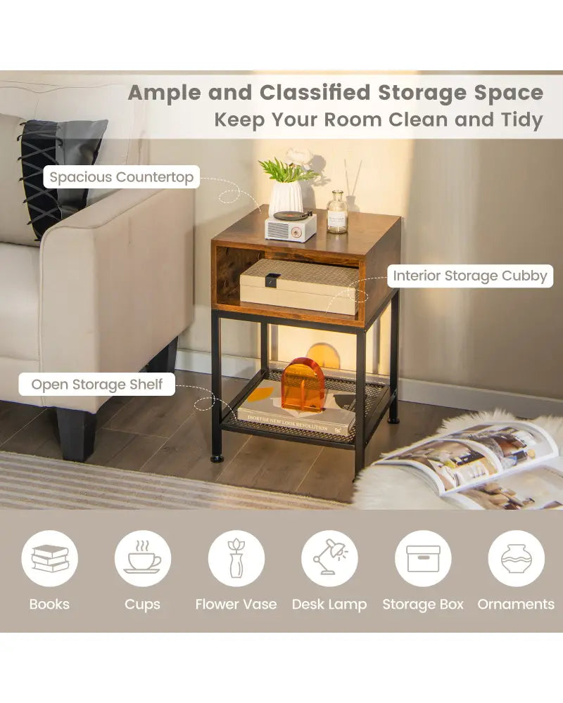 Industrial Nightstand End Side Table with Mesh Shelf - Nightstands