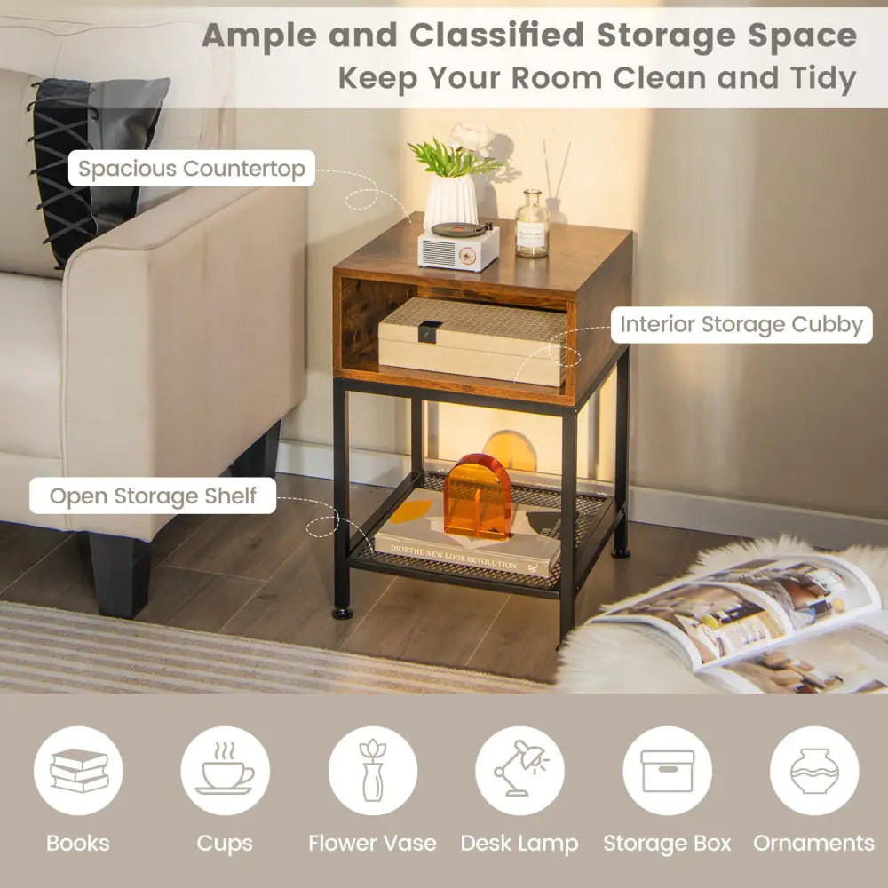 Industrial Nightstand End Side Table with Mesh Shelf - Nightstands