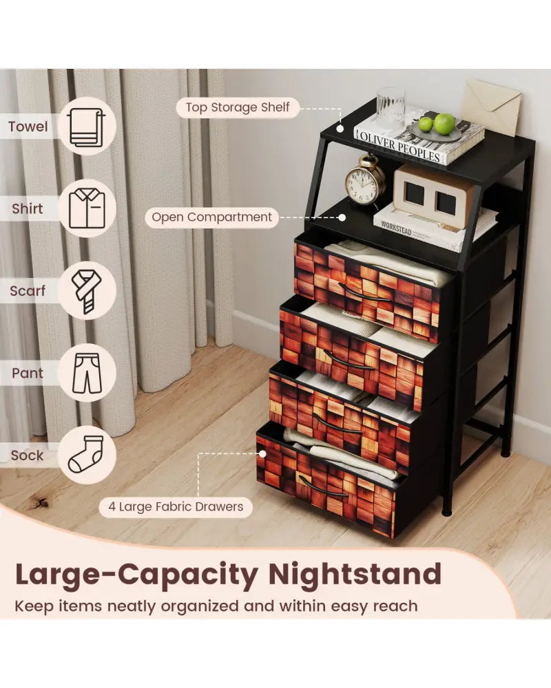 Industrial Nightstand with 4 Fabric Drawers and Sturdy Metal Frame for Bedroom-Brown + Black - Black & Brown