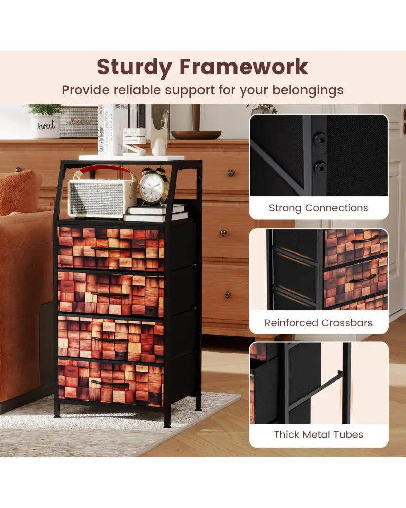 Industrial Nightstand with 4 Fabric Drawers and Sturdy Metal Frame for Bedroom-Brown + Black - Black & Brown