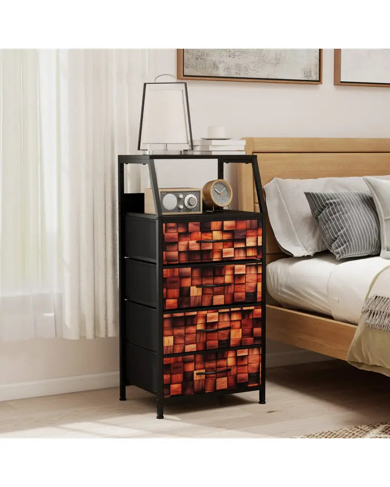 Industrial Nightstand with 4 Fabric Drawers and Sturdy Metal Frame for Bedroom-Brown + Black - Black & Brown