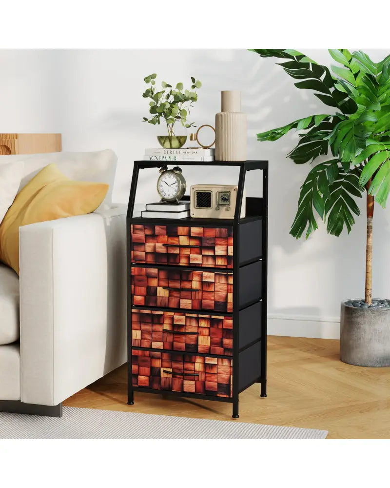 Industrial Nightstand with 4 Fabric Drawers and Sturdy Metal Frame for Bedroom-Brown + Black - Black & Brown