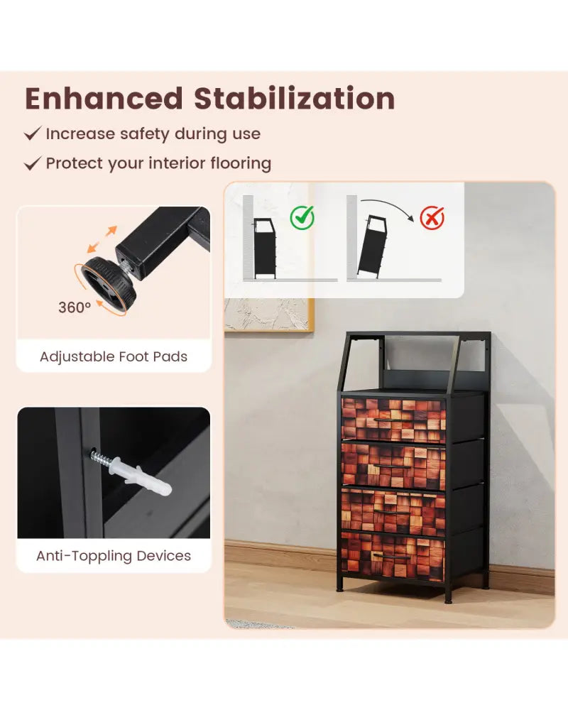 Industrial Nightstand with 4 Fabric Drawers and Sturdy Metal Frame for Bedroom-Brown + Black - Black & Brown