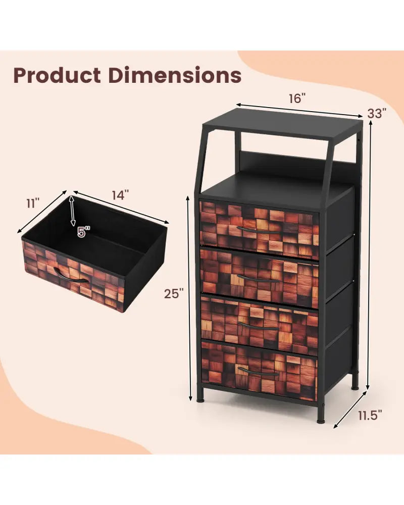 Industrial Nightstand with 4 Fabric Drawers and Sturdy Metal Frame for Bedroom-Brown + Black - Black & Brown