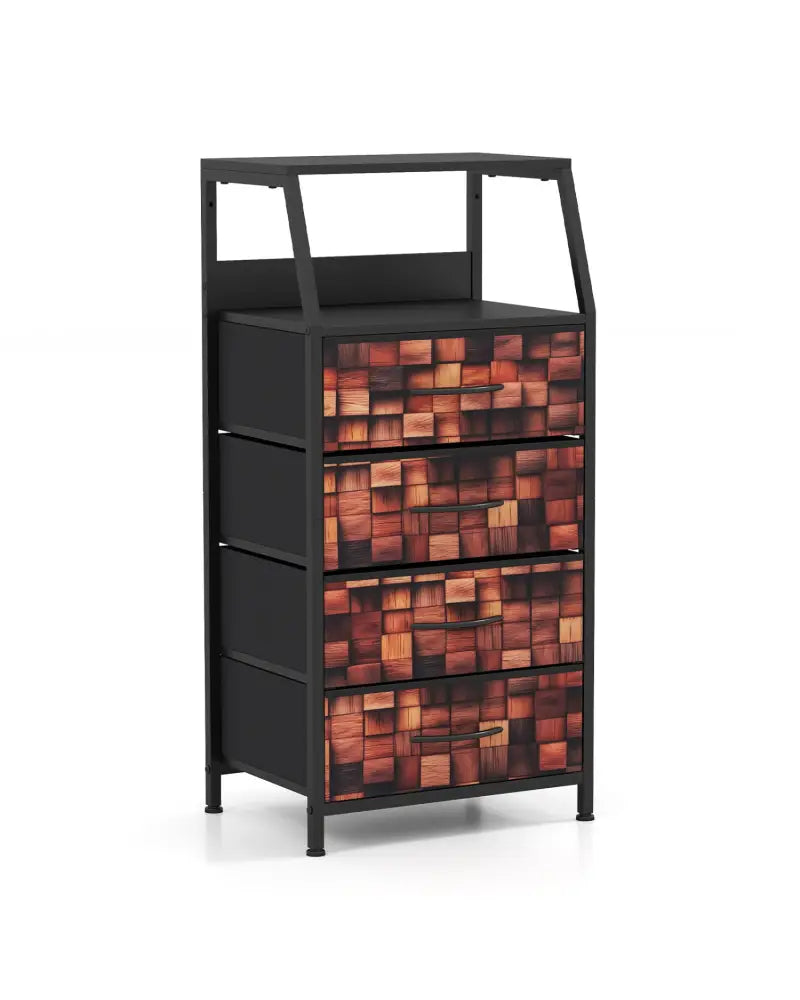Industrial Nightstand with 4 Fabric Drawers and Sturdy Metal Frame for Bedroom-Brown + Black - Black & Brown