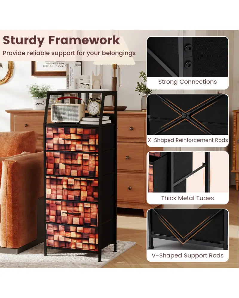 Industrial Nightstand with 5 Fabric Drawers and Sturdy Metal Frame for Bedroom-Brown + Black - Black & Brown
