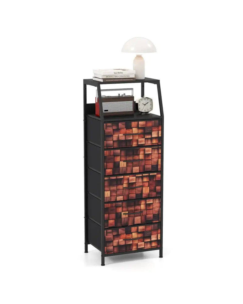 Industrial Nightstand with 5 Fabric Drawers and Sturdy Metal Frame for Bedroom-Brown + Black - Black & Brown