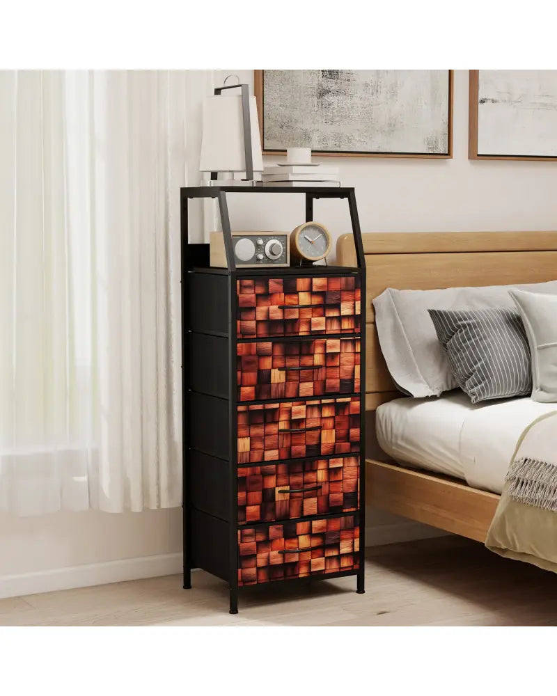 Industrial Nightstand with 5 Fabric Drawers and Sturdy Metal Frame for Bedroom-Brown + Black - Black & Brown