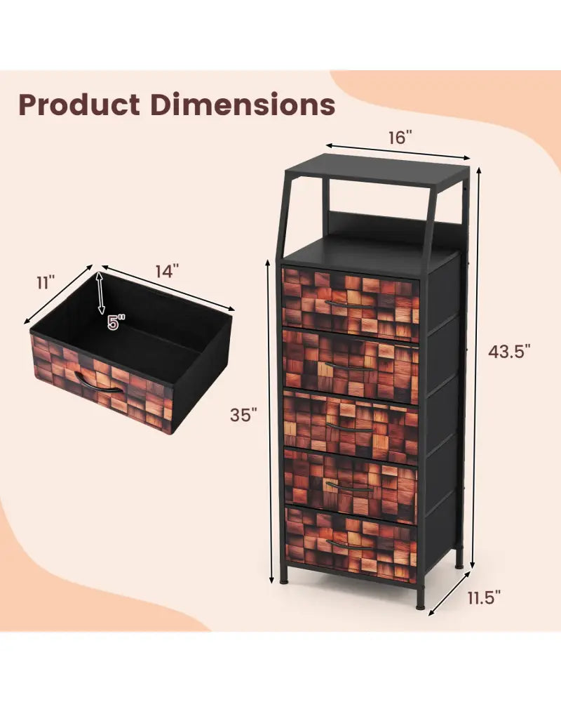 Industrial Nightstand with 5 Fabric Drawers and Sturdy Metal Frame for Bedroom-Brown + Black - Black & Brown
