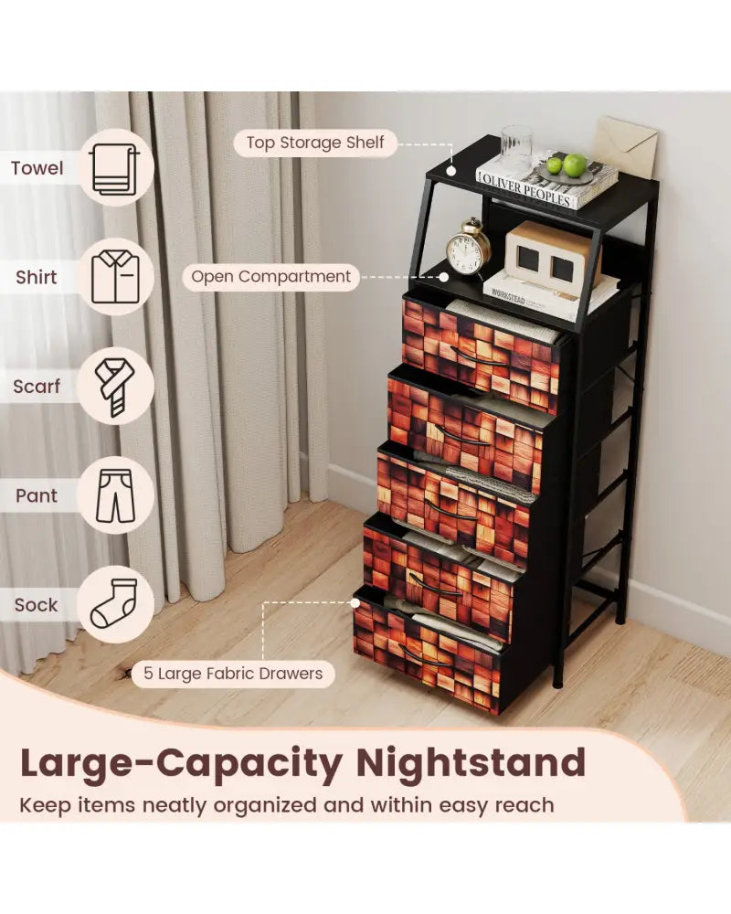 Industrial Nightstand with 5 Fabric Drawers and Sturdy Metal Frame for Bedroom-Brown + Black - Black & Brown