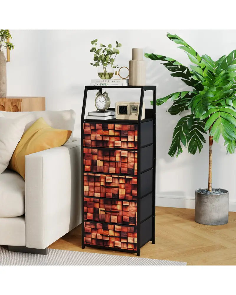 Industrial Nightstand with 5 Fabric Drawers and Sturdy Metal Frame for Bedroom-Brown + Black - Black & Brown