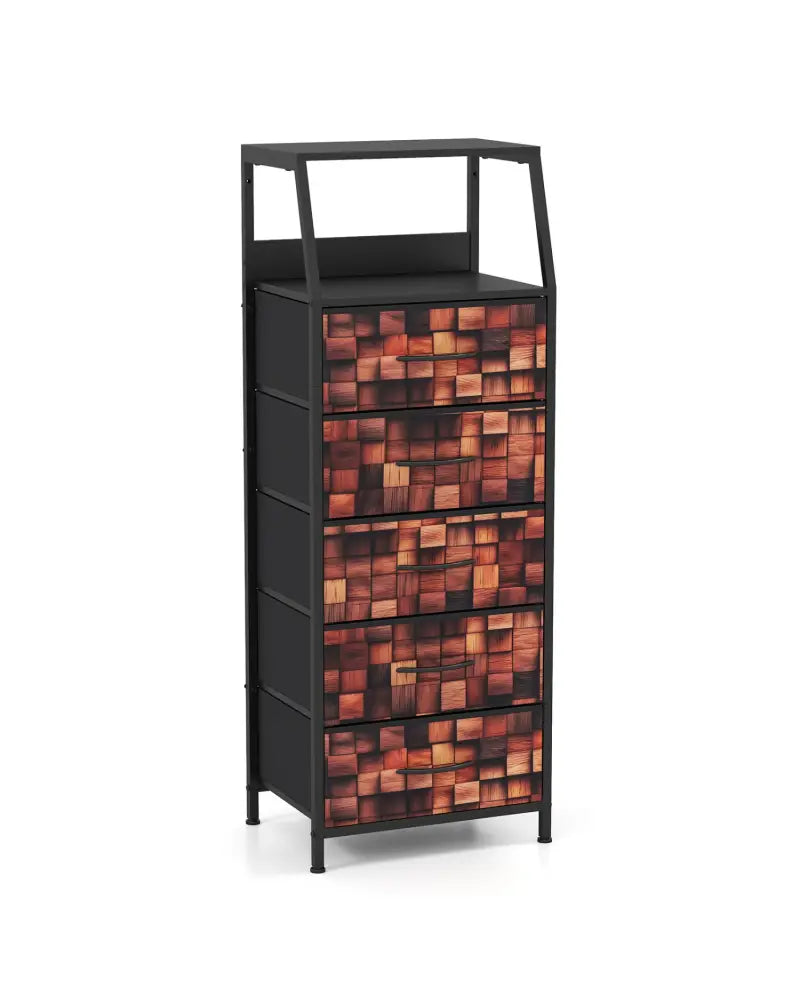 Industrial Nightstand with 5 Fabric Drawers and Sturdy Metal Frame for Bedroom-Brown + Black - Black & Brown