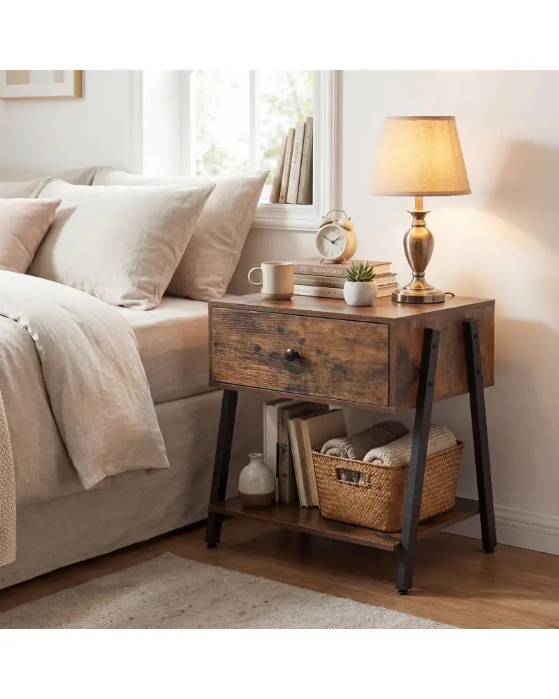 Industrial Nightstand with Drawer and Adjustable Foot Pads for Bedroom-Rustic Brown - Rustic Brown - Nightstands
