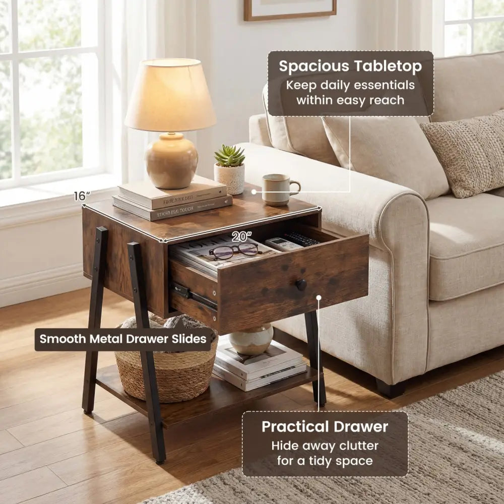 Industrial Nightstand with Drawer and Adjustable Foot Pads for Bedroom-Rustic Brown - Rustic Brown - Nightstands