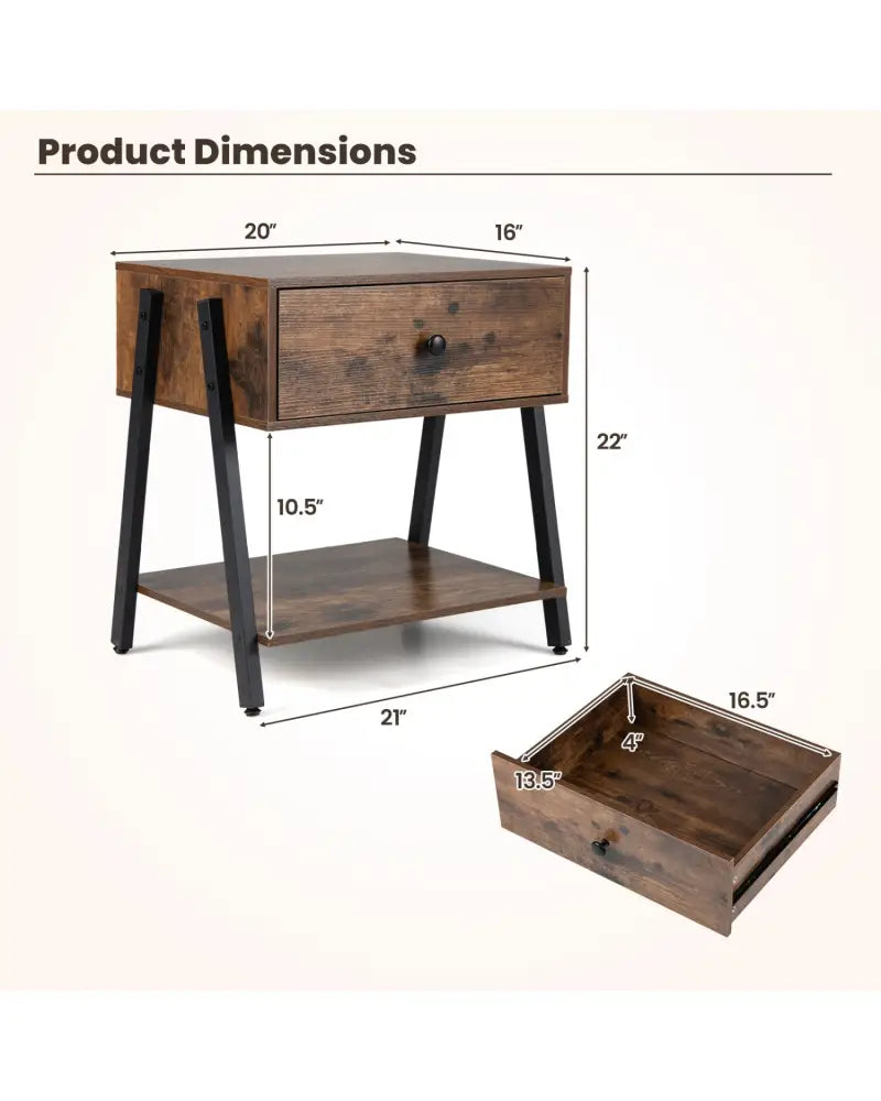 Industrial Nightstand with Drawer and Adjustable Foot Pads for Bedroom-Rustic Brown - Rustic Brown - Nightstands