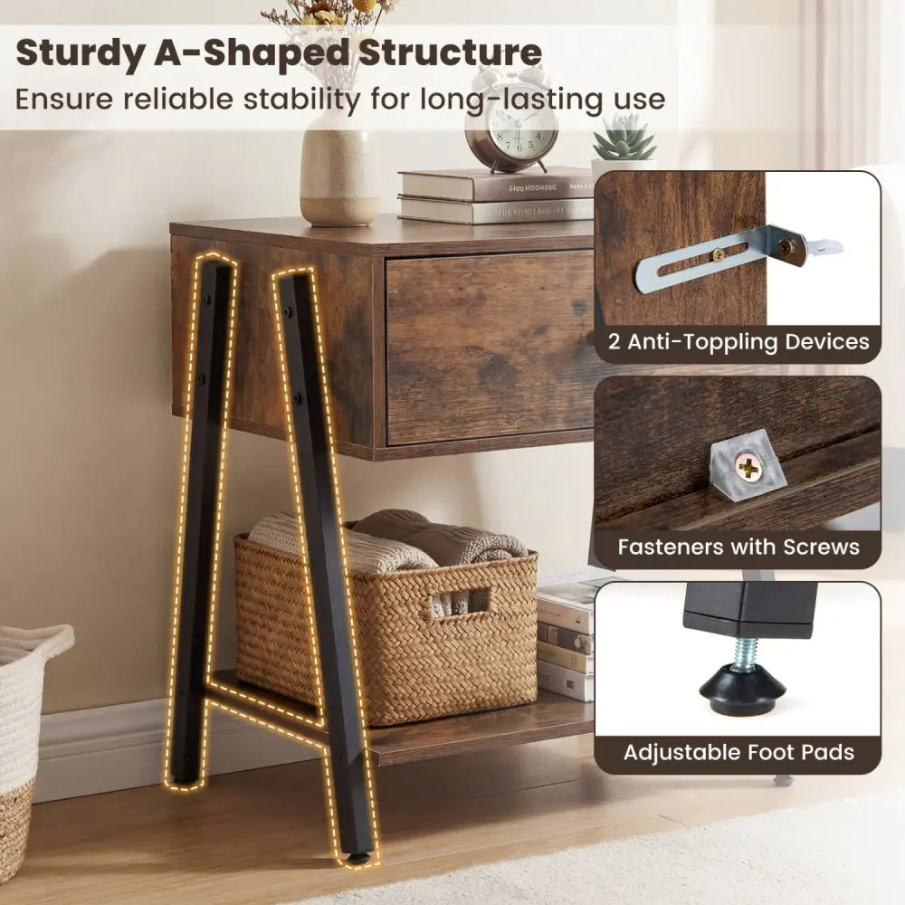 Industrial Nightstand with Drawer and Adjustable Foot Pads for Bedroom-Rustic Brown - Rustic Brown - Nightstands
