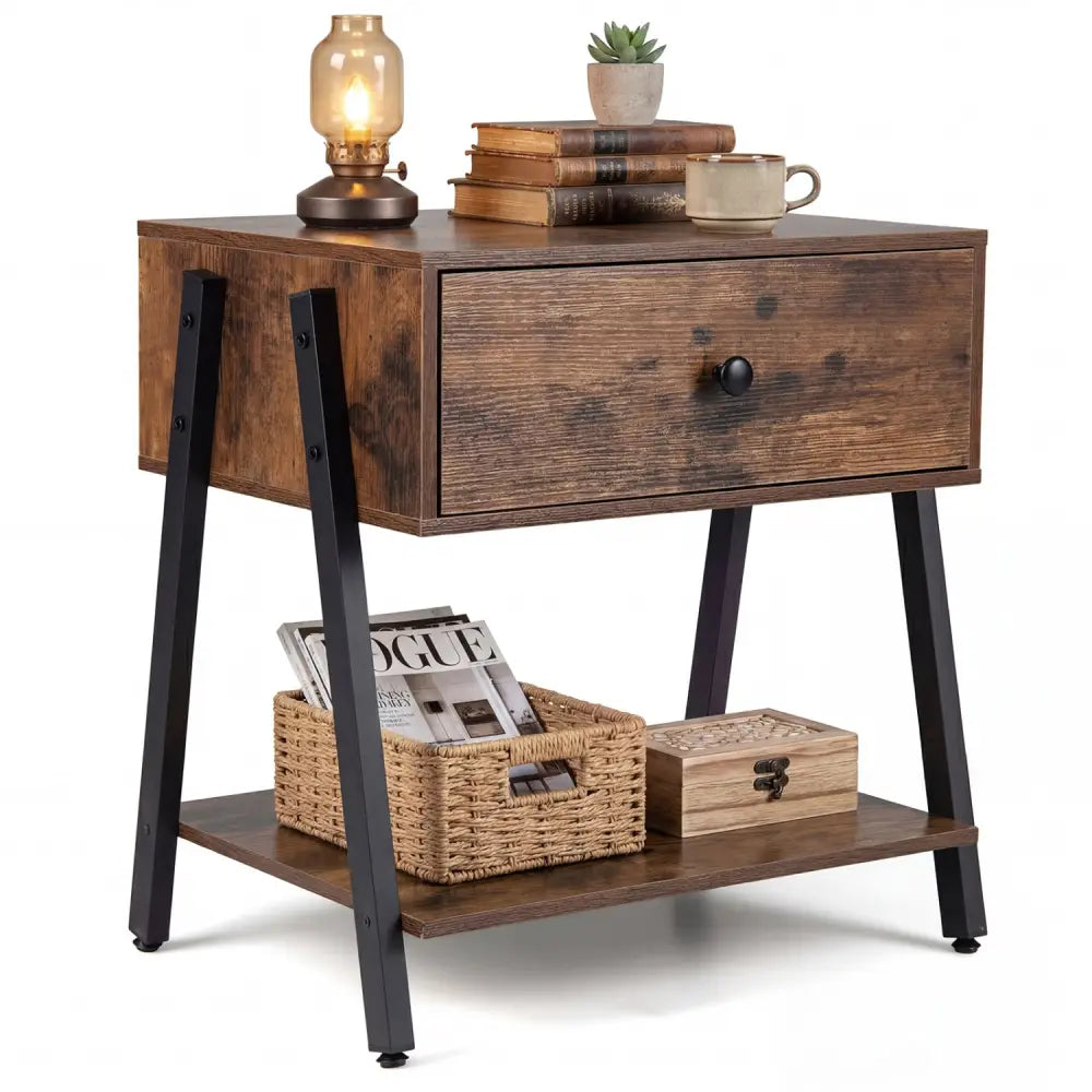Industrial Nightstand with Drawer and Adjustable Foot Pads for Bedroom-Rustic Brown - Rustic Brown - Nightstands