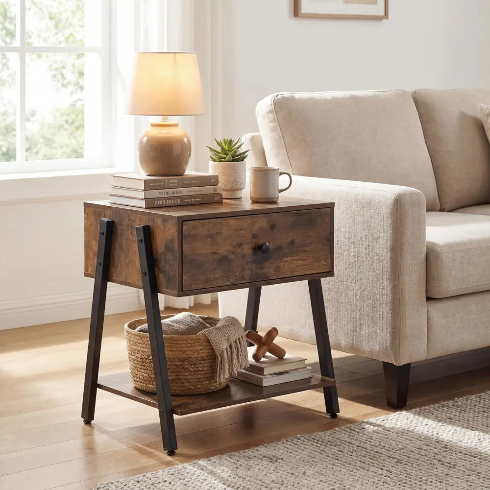 Industrial Nightstand with Drawer and Adjustable Foot Pads for Bedroom-Rustic Brown - Rustic Brown - Nightstands