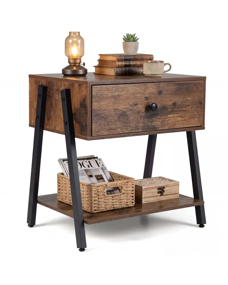Industrial Nightstand with Drawer and Adjustable Foot Pads for Bedroom-Rustic Brown - Rustic Brown - Nightstands