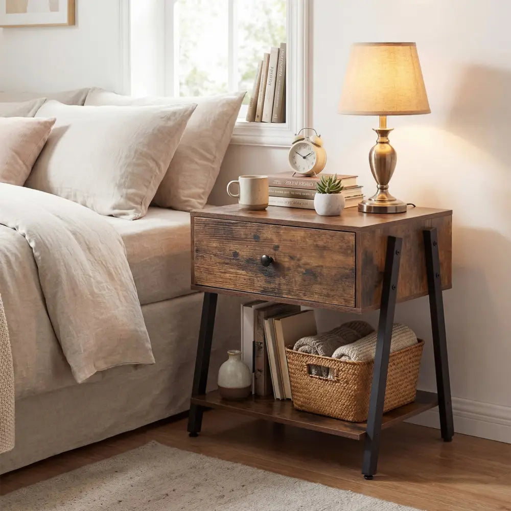Industrial Nightstand with Drawer and Adjustable Foot Pads for Bedroom-Rustic Brown - Rustic Brown - Nightstands