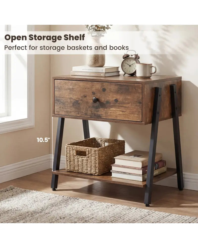Industrial Nightstand with Drawer and Adjustable Foot Pads for Bedroom-Rustic Brown - Rustic Brown - Nightstands