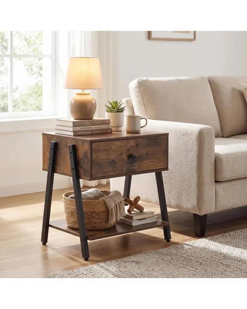 Industrial Nightstand with Drawer and Adjustable Foot Pads for Bedroom-Rustic Brown - Rustic Brown - Nightstands