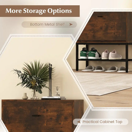 Industrial Shoe Storage Cabinet with 2 Flip Drawers and 1 Bottom Metal Shelf-Brown - Brown - Shoe Racks & Storage