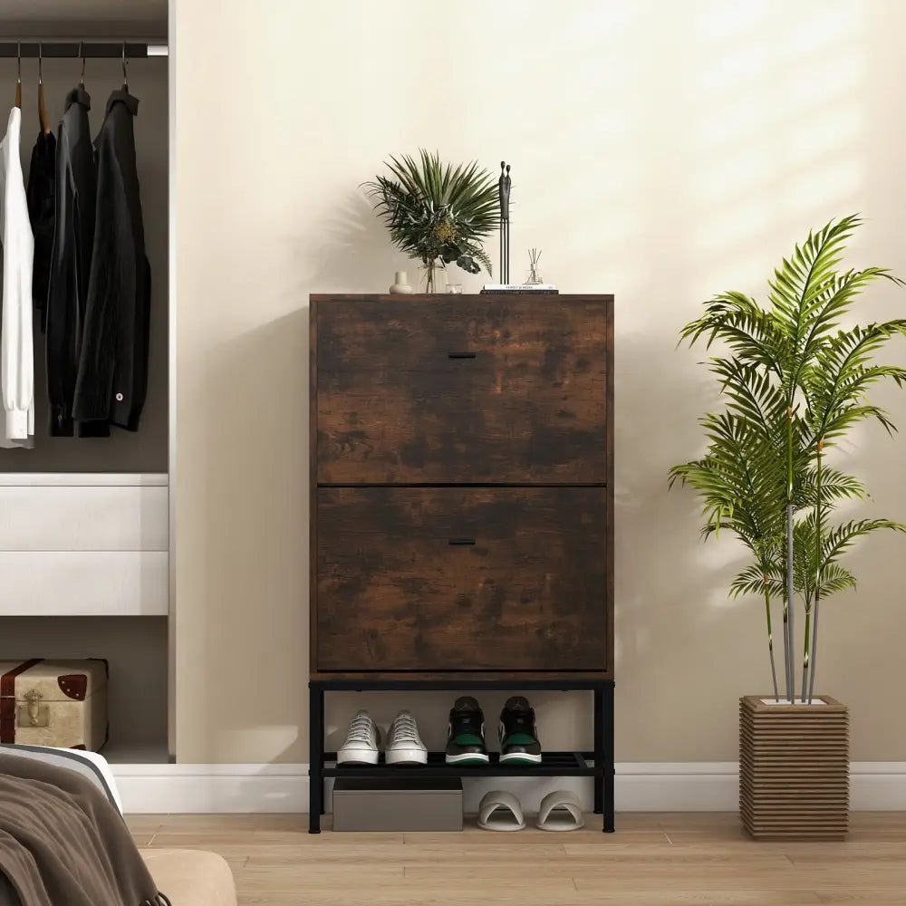 Industrial Shoe Storage Cabinet with 2 Flip Drawers and 1 Bottom Metal Shelf-Brown - Brown - Shoe Racks & Storage