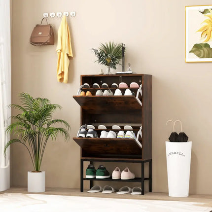 Industrial Shoe Storage Cabinet with 2 Flip Drawers and 1 Bottom Metal Shelf-Brown - Brown - Shoe Racks & Storage
