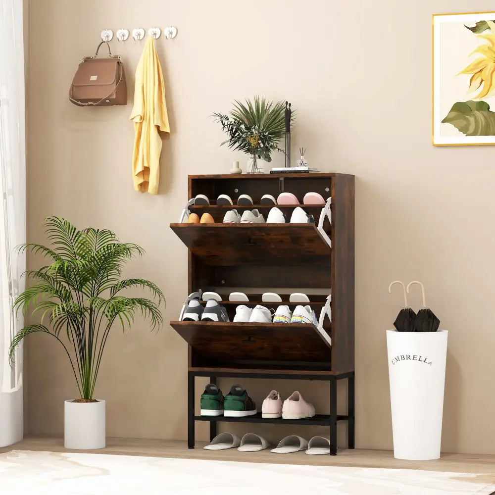 Industrial Shoe Storage Cabinet with 2 Flip Drawers and 1 Bottom Metal Shelf-Brown - Brown - Shoe Racks & Storage