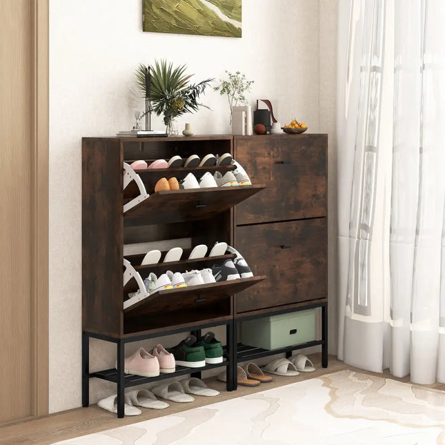 Industrial Shoe Storage Cabinet with 2 Flip Drawers and 1 Bottom Metal Shelf-Brown - Brown - Shoe Racks & Storage