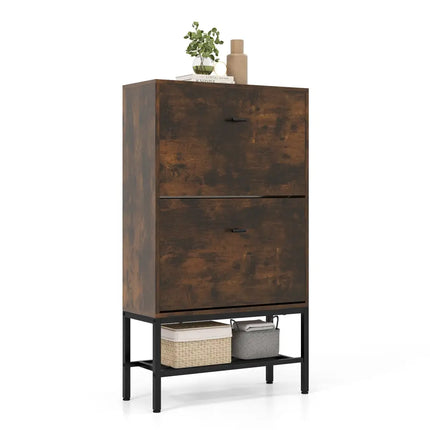 Industrial Shoe Storage Cabinet with 2 Flip Drawers and 1 Bottom Metal Shelf-Brown - Brown - Shoe Racks & Storage
