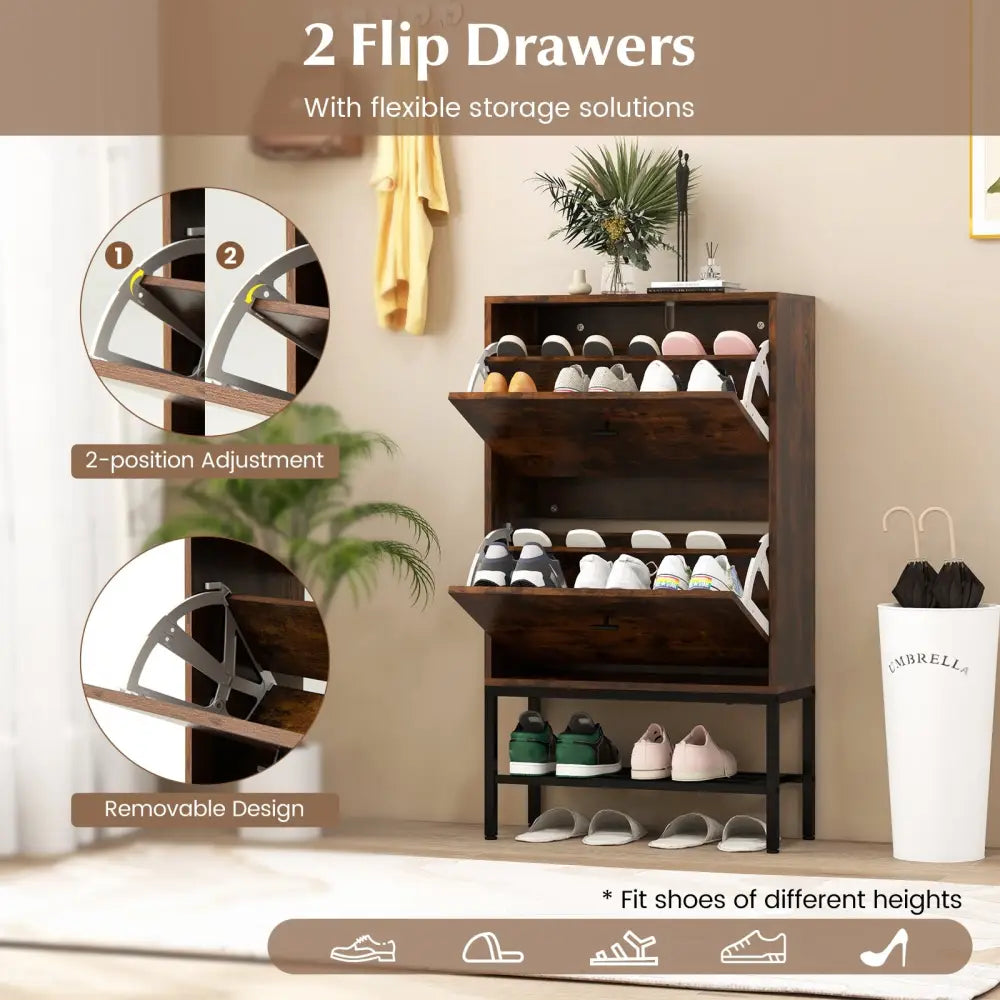 Industrial Shoe Storage Cabinet with 2 Flip Drawers and 1 Bottom Metal Shelf-Brown - Brown - Shoe Racks & Storage