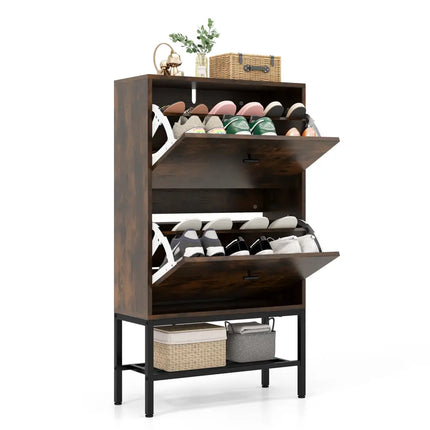 Industrial Shoe Storage Cabinet with 2 Flip Drawers and 1 Bottom Metal Shelf-Brown - Brown - Shoe Racks & Storage