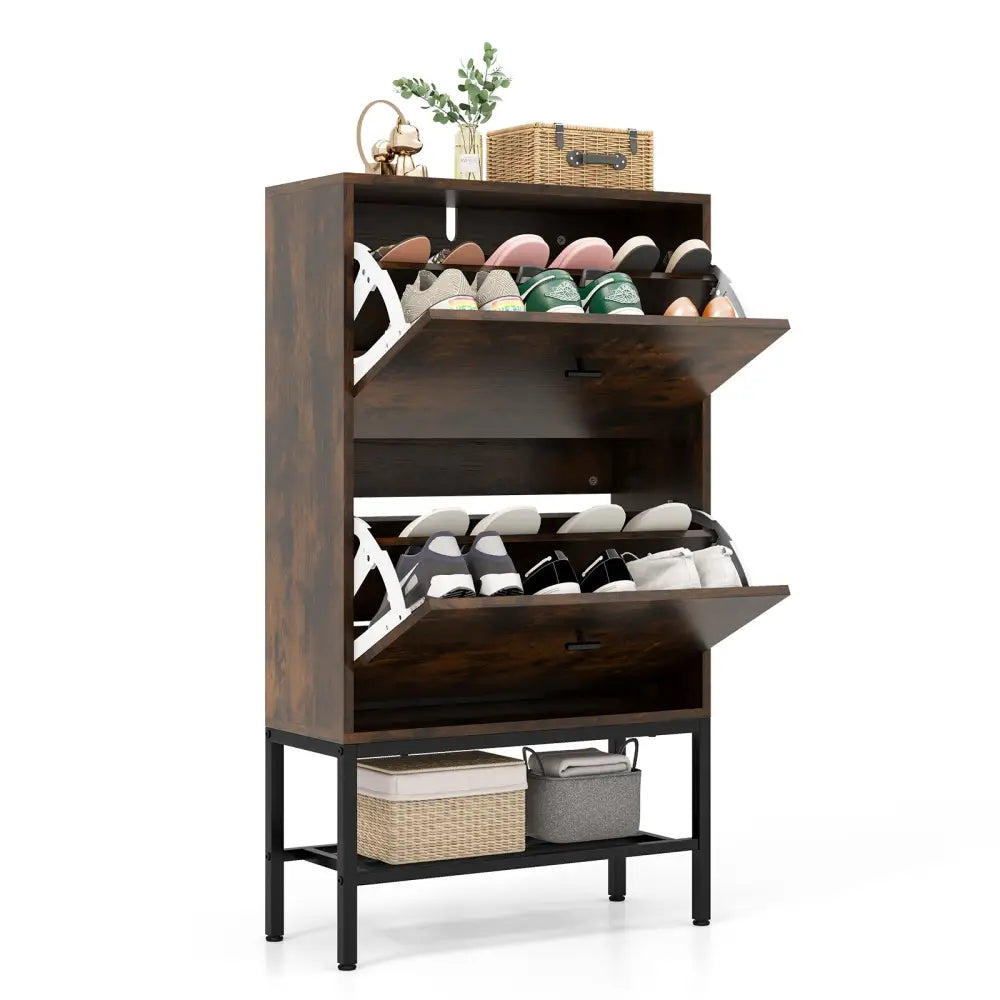 Industrial Shoe Storage Cabinet with 2 Flip Drawers and 1 Bottom Metal Shelf-Brown - Brown - Shoe Racks & Storage