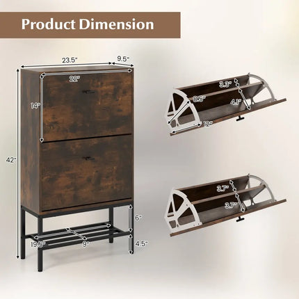 Industrial Shoe Storage Cabinet with 2 Flip Drawers and 1 Bottom Metal Shelf-Brown - Brown - Shoe Racks & Storage