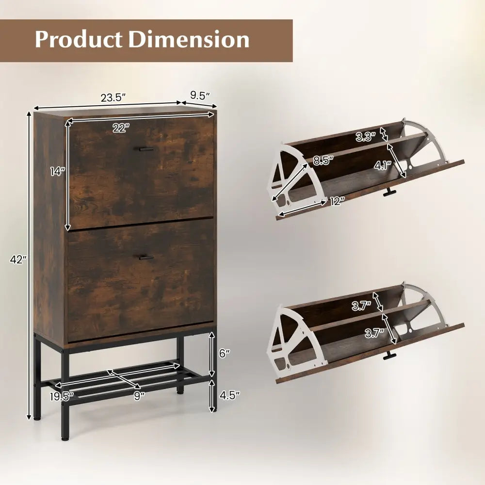 Industrial Shoe Storage Cabinet with 2 Flip Drawers and 1 Bottom Metal Shelf-Brown - Brown - Shoe Racks & Storage