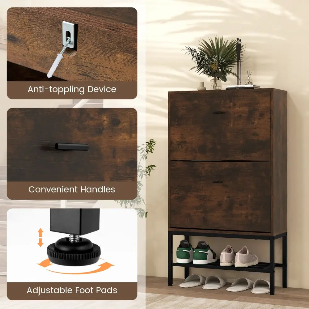Industrial Shoe Storage Cabinet with 2 Flip Drawers and 1 Bottom Metal Shelf-Brown - Brown - Shoe Racks & Storage