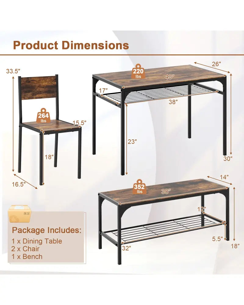 Industrial Style Rectangular Kitchen Table with Bench and Chairs-Rustic Brown - Rustic Brown - Dining Room Sets