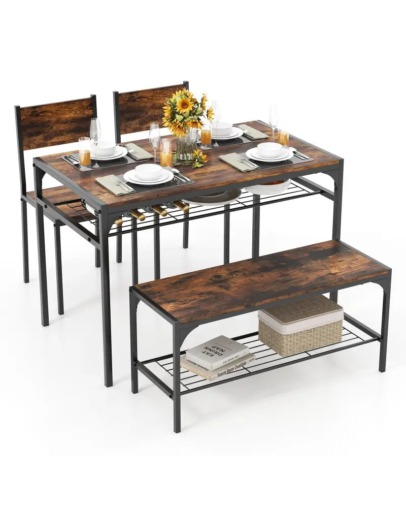 Industrial Style Rectangular Kitchen Table with Bench and Chairs-Rustic Brown - Rustic Brown - Dining Room Sets