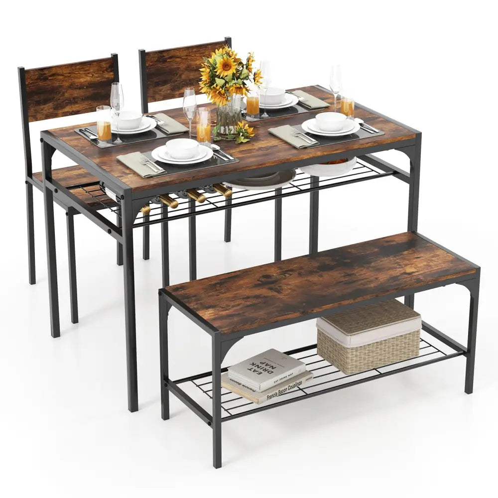 Industrial Style Rectangular Kitchen Table with Bench and Chairs-Rustic Brown - Rustic Brown - Dining Room Sets
