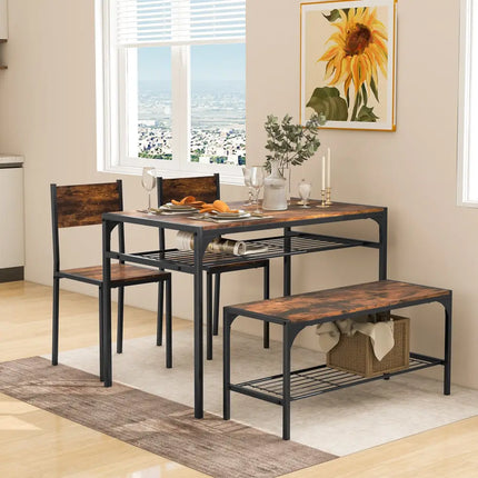 Industrial Style Rectangular Kitchen Table with Bench and Chairs-Rustic Brown - Rustic Brown - Dining Room Sets