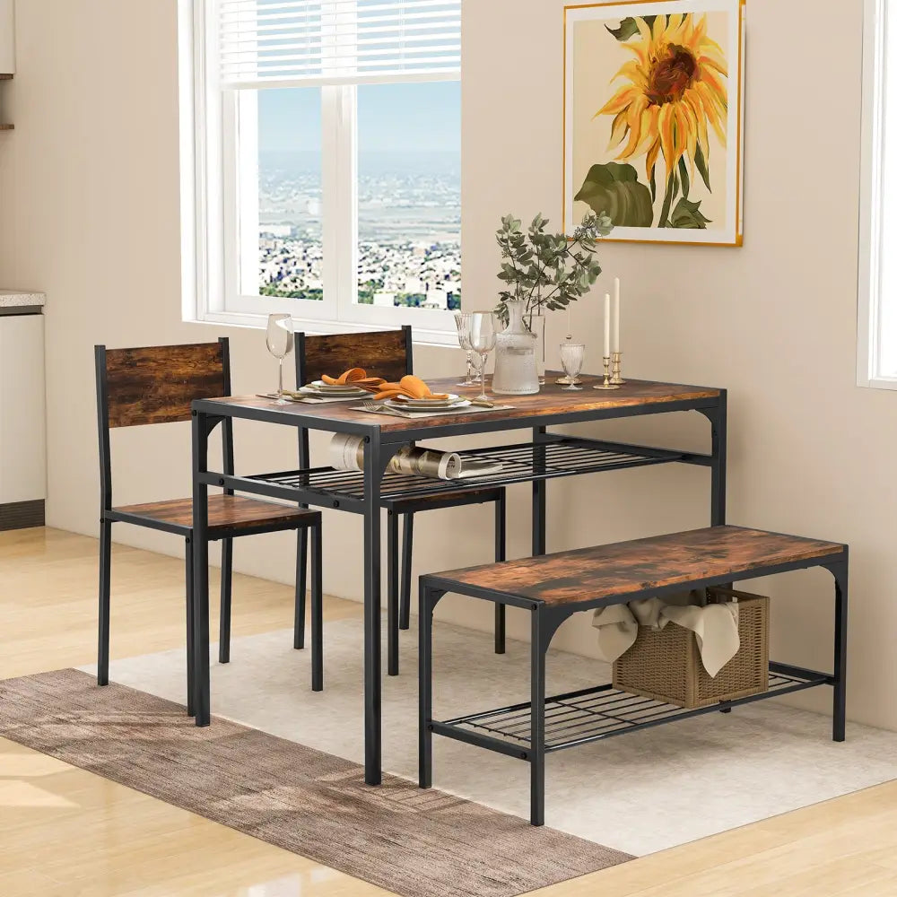 Industrial Style Rectangular Kitchen Table with Bench and Chairs-Rustic Brown - Rustic Brown - Dining Room Sets