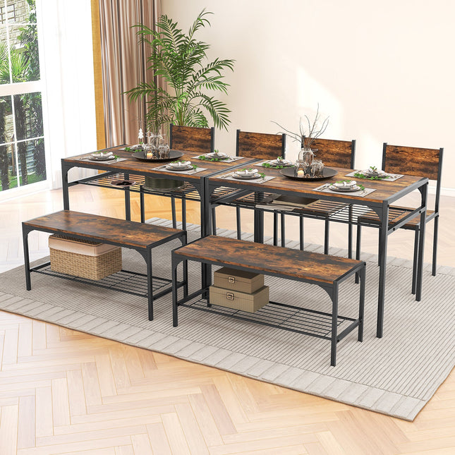 Industrial Style Rectangular Kitchen Table with Bench and Chairs-Rustic Brown - Rustic Brown - Dining Room Sets